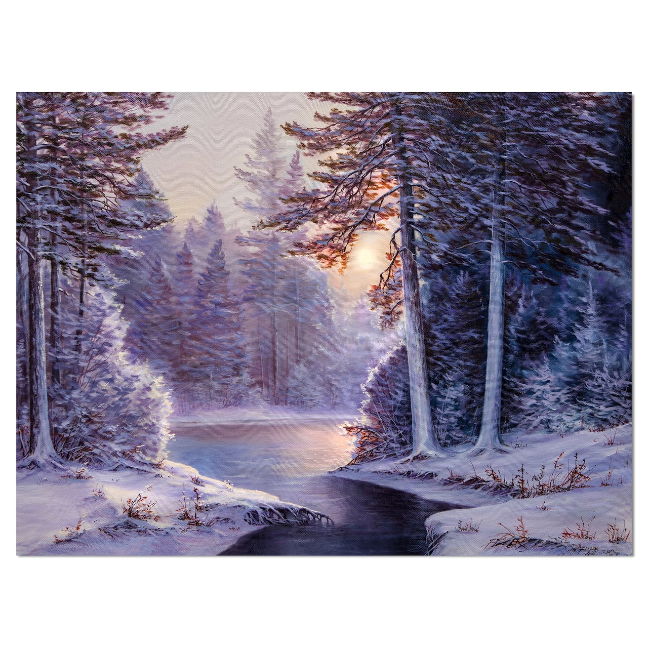 Designart - Winter Forest with the River in Frosty Day - Landscapes Painting Print on Wrapped Canvas